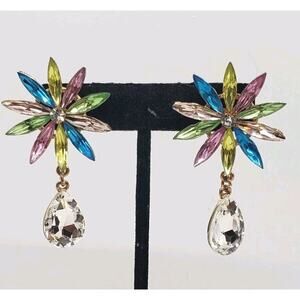 Rhinestone Earrings Big Spike Flowers Multicolor Long Clear Dangle Drop Crystal
